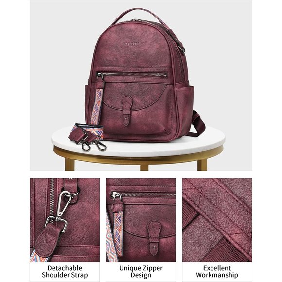 Women Wine Red Retro Style Leather Cute Roomly Shoulder Backpack